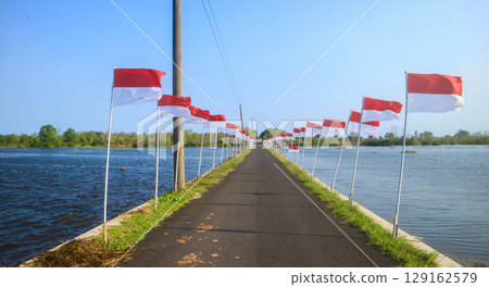Indonesian flags stands along the village road with water on both sides. celebrate Indonesia independence day concept in countryside on August 17 Indonesian flags stands along the village road with water on both sides. celebrate Indonesia independence day concept in countryside on August 17 129162579