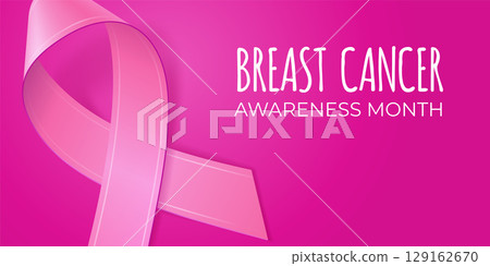 Pink ribbon on pink background with copy space for your text. Breast cancer awareness month typography. Medical symbol in october. Vector illustration for banner, poster, invitation, flyer. 129162670