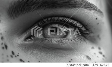 A CloseUp of a Captivating Eye Featuring Freckles in Striking Black and White Photography 129162672
