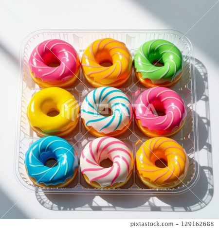 Donuts with colorful icing in a plastic tray. 129162688