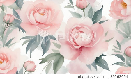 Pastel Peonies and Leaves, Watercolor Floral Pattern in Soft Pink and Green Pastel Peonies and Leaves, Watercolor Floral Pattern in Soft Pink and Green 129162694