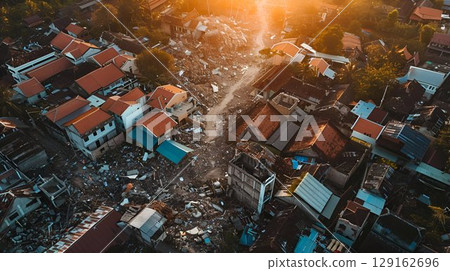 Sunset over a town devastated by an earthquake, showing the aftermath of natural disasters. Concept: Aftermath of natural disasters. For educational, humanitarian aid, and disaster recovery materials. Sunset over a town devastated by an earthquake, showing the aftermath of natural disasters. Concept: Aftermath of natural disasters. For educational, humanitarian aid, and disaster recovery materials. 129162696