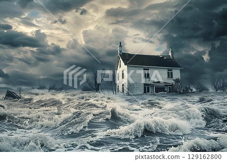 Isolated house amidst turbulent floodwaters under a stormy sky, portraying the impact of natural disasters. Concept: Aftermath of natural disasters. For educational and news materials. 129162800