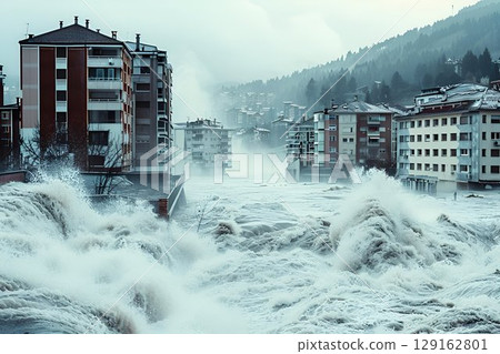 City streets submerged by powerful floodwaters, reflecting the severe effects of natural disasters. Concept: Aftermath of natural disasters. For educational and news materials 129162801