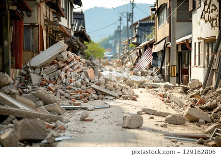 Destroyed houses in the aftermath of an earthquake, showcasing the impact of natural disasters. For educational, environmental awareness, and disaster recovery materials. 129162806