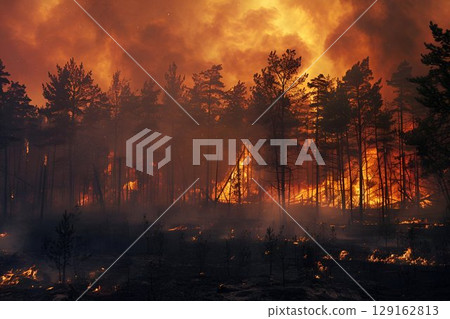 Forest engulfed in flames during a wildfire, showing the severe impact of natural disasters.For educational, environmental awareness, and reforestation efforts materials. 129162813