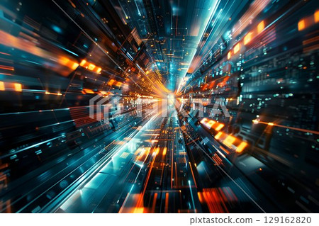 A blurry photograph of a tunnel illuminated by numerous lights 129162820