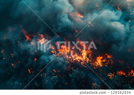 Aerial view of a forest fire with billowing smoke, creating hazardous situation 129162834