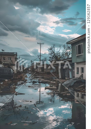 Abandoned streets mirrored in stagnant water after a catastrophic flood, used for educational aids and documentary films on natural disasters. Concept: Aftermath of natural disasters. For educational 129162857