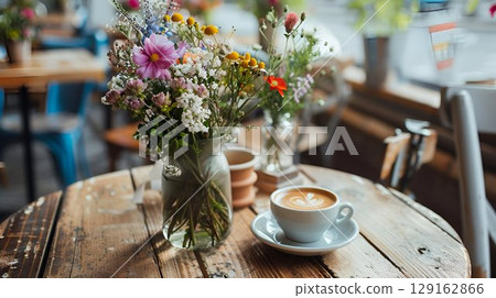 A wooden table adorned with a vase of flowers and a cup of coffee 129162866