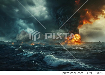 Massive firestorm over the ocean with dark smoke clouds, illustrating the catastrophic impact of natural disasters. For educational, environmental awareness, and emergency response materials. 129162876