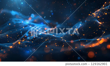 Blue and orange wave with glowing particles on dark background Blue and orange wave with glowing particles on dark background 129162901