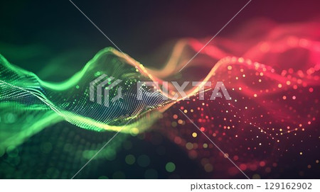 Green and red wave with sparkles on dark background, water, liquid, plants 129162902