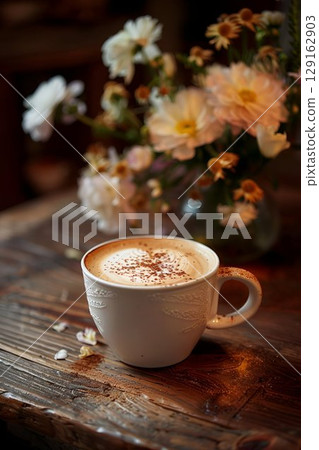 A cappuccino cup sits on a table beside a flower vase 129162903