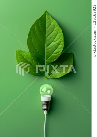 A green leaf sticks out of a light bulb on a green background 129162922