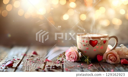 A cup of coffee, decorated with hearts and roses, placed on a wooden table 129162923