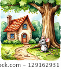 Watercolor drawing of a mouse and her house. 129162931