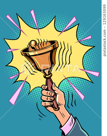 Hand rings the bell. New notifications and news. Announcement of upcoming discounts and promotions. 129163099