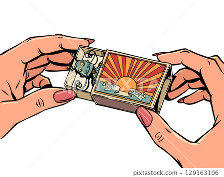 Women's hands hold a matchbox, inside it is a mustachioed robot. AI recommends purchases and trips. Artificial intelligence is everywhere. Women's hands hold a matchbox, inside it is a mustachioed robot. AI recommends purchases and trips. Artificial intelligence is everywhere. 129163106