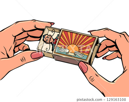 Women's hands hold a box, in it a mustachioed man. Personal recommendations and selections. Random meetings and circumstances. Women's hands hold a box, in it a mustachioed man. Personal recommendations and selections. Random meetings and circumstances. 129163108
