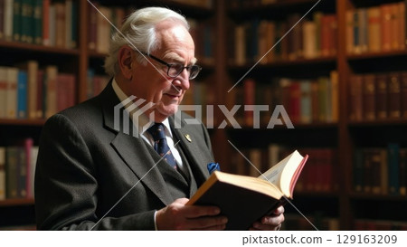 Distinguished elderly professor in glasses and suit holding a book, standing among library shelves. Portrait of wisdom, knowledge and academic excellence in later years 129163209