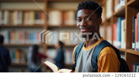 Joyful African-American teenage boy smiling brightly with book and backpack in library. Portrait of academic enthusiasm and youthful potential in education 129163212