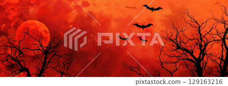 Spooky Halloween horizontal banner with black tree silhouettes against a vibrant orange background. watercolor illustration, Perfect dark aesthetic with ample copy space for text or graphics 129163216
