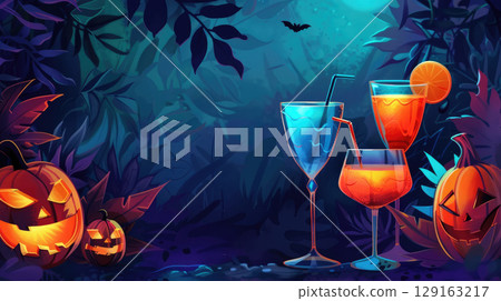 Dark elegant Halloween party banner featuring watercolor citrus cocktails and pumpkins illustration. Horizontal layout with dedicated text space for custom invitation message or branding 129163217
