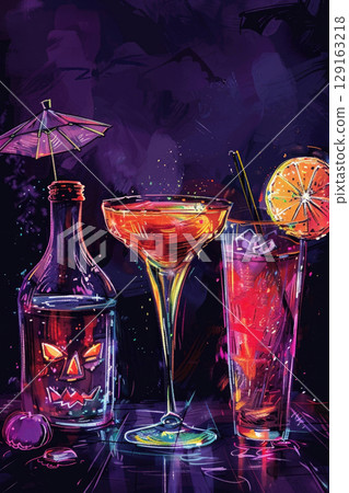 Watercolor Halloween invitation with elegant citrus cocktails and decorative pumpkins against moody neon dark background. Vertical party banner with artistic festive illustration 129163218