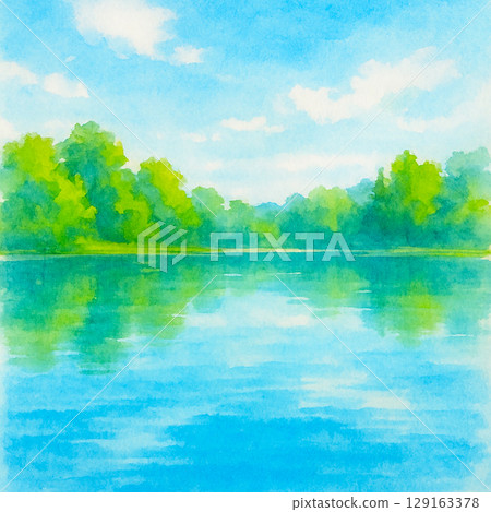 水彩風景插圖,湖面倒映著新鮮的綠葉和藍天 水彩風景插圖,湖面倒映著新鮮的綠葉和藍天 129163378