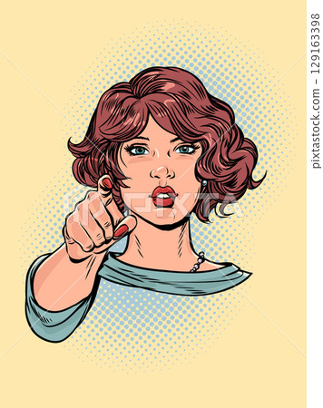 Pop Art Retro Woman points with index finger. Woman helps to navigate on the spot. Choose new opportunities in business. 129163398
