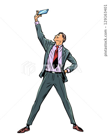 Pop Art Retro A man in a suit takes a photo of himself. Achieving success in business. Career growth and finding motivation. 129163401