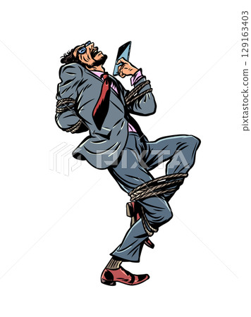 Pop Art Retro Smartphone addiction and control. Control of humanity by technology. Man tied with ropes to phone. 129163403