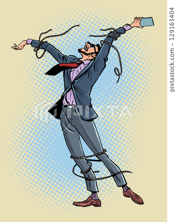 Pop Art Retro Freedom from social networks and media. Control of humanity by technologies. A man gets out of the bonds with a phone. 129163404