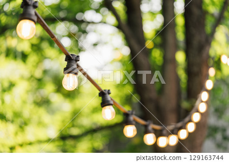 Close up of glowing string lights, street decor in summer garden with blurred green trees background Close up of glowing string lights, street decor in summer garden with blurred green trees background 129163744
