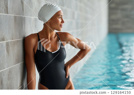 Athletic woman in swimsuit poses confidently by the poolside, showcasing strength and elegance 129164150