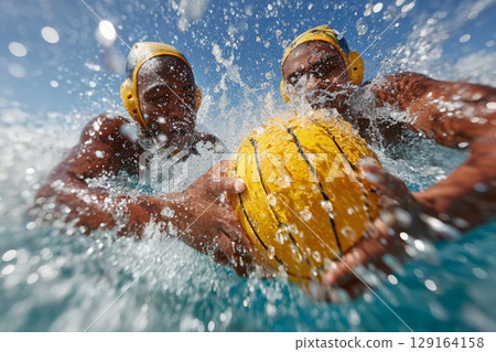 Two male water polo players competing in a dynamic match splashing water and showcasing teamwork 129164158