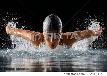 Female swimmer performing butterfly stroke in water, creating splashes with powerful movement 129164159