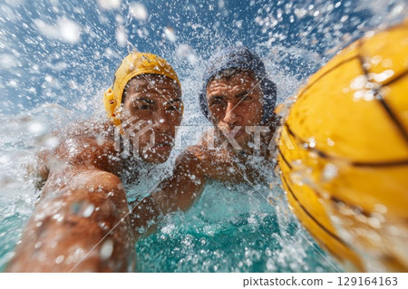 Two male water polo players diving underwater with a yellow ball in a dynamic aquatic scene 129164163