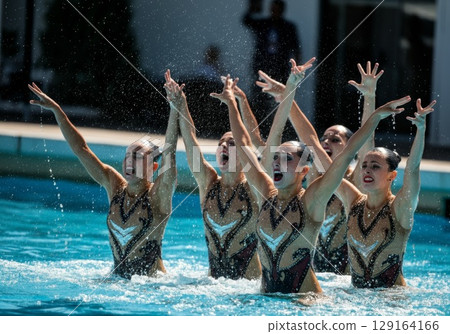 Synchronized swimmers performing a dynamic routine in a bright blue pool with splashes of water 129164166