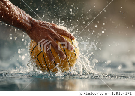 Hand gripping a water polo ball, splashes of water creating dynamic motion in a pool setting 129164171