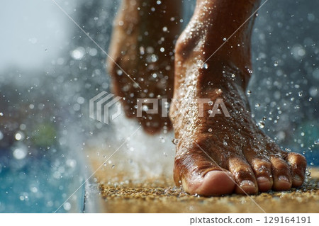 Diver's feet poised on springboard, water splashing, capturing the thrill of competitive diving 129164191
