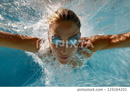 Diver in motion underwater, showcasing athleticism and grace in a vibrant blue pool environment 129164201