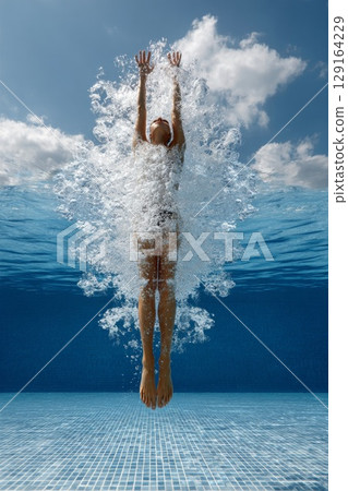 Diver performing a graceful springboard dive into a sparkling blue swimming pool 129164229