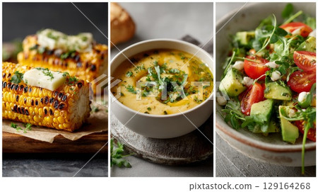 Delicious food collage featuring grilled corn, creamy soup, and fresh salad with vibrant colors 129164268