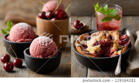 Delicious cherry desserts featuring ice cream and baked clafoutis with fresh cherries and mint 129164281