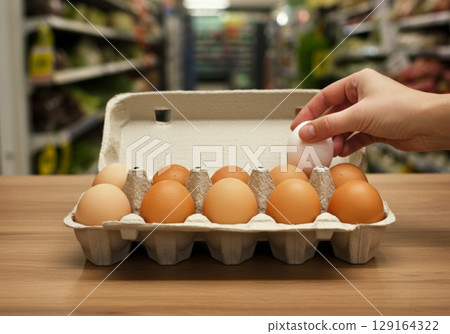 Hand placing white egg into carton of brown eggs in grocery store with fresh produce background 129164322