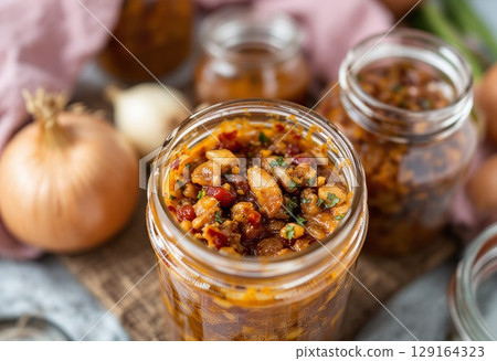 Homemade vegetable chutney in glass jar with fresh ingredients and rustic background setting 129164323