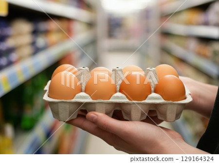 Fresh brown eggs in carton held by hands in grocery store aisle with blurred background 129164324