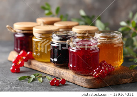 Colorful jars of homemade jams and jellies arranged on wooden board with fresh berries 129164331